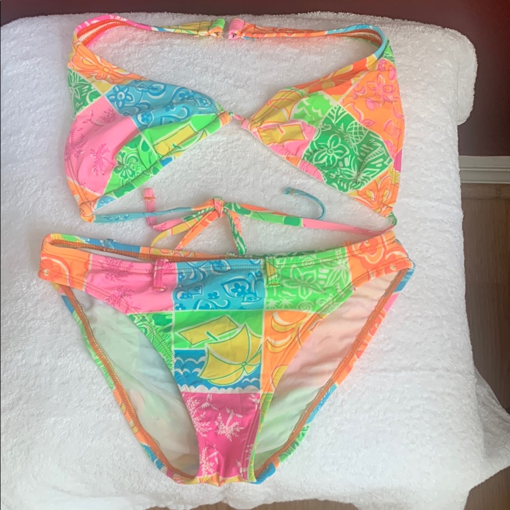 Ralph Lauren Pink,Orange and Green Bikini Set with Halter Top and Classic Briefs